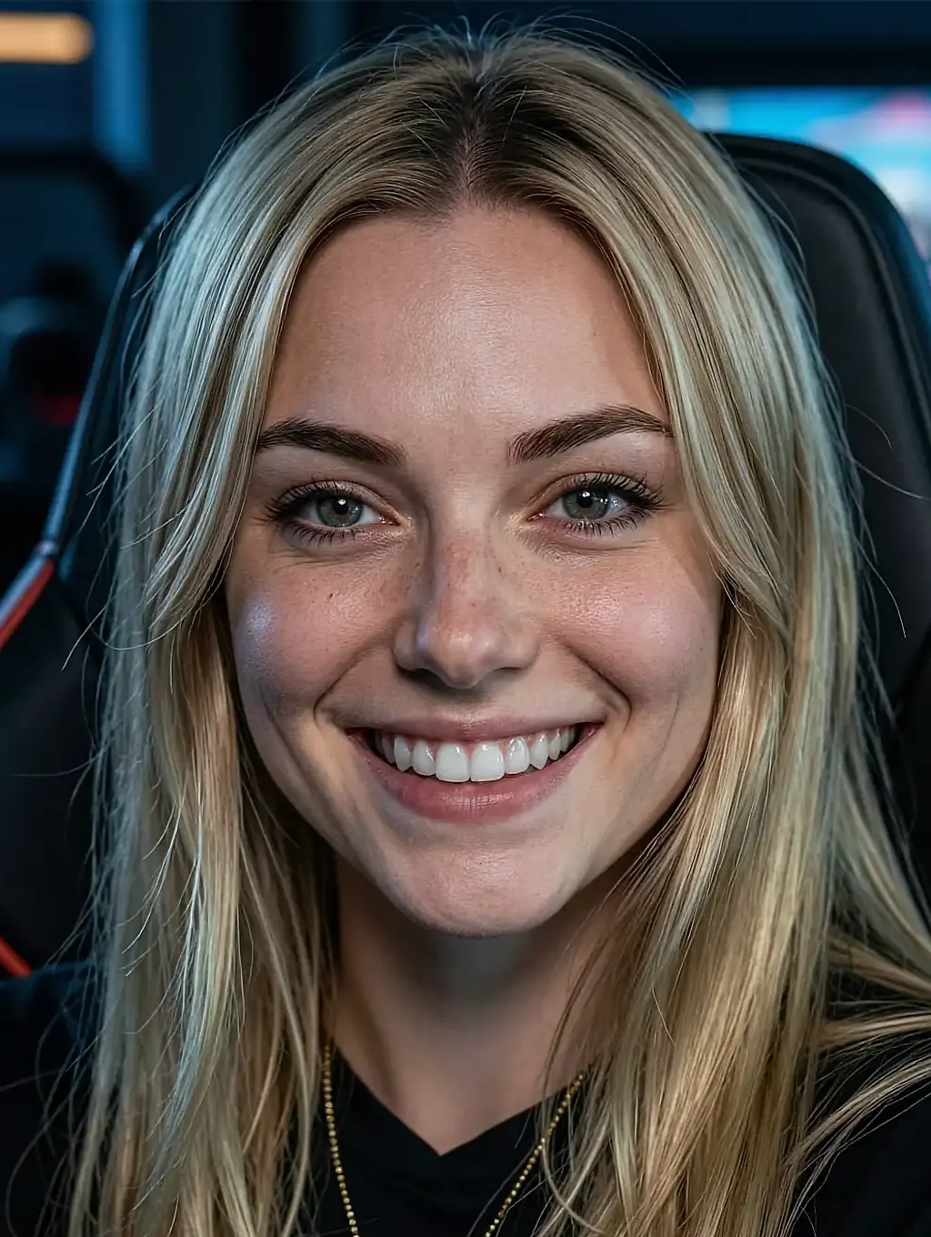 Fictional AI character grinning wide in a dim room inside the free-lane launch panel